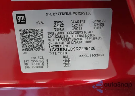 2024 Chevrolet Silverado 1500 4Wd Short Bed Ltz из США, поврежденный, VIN 1GCUDGED9RZ296428